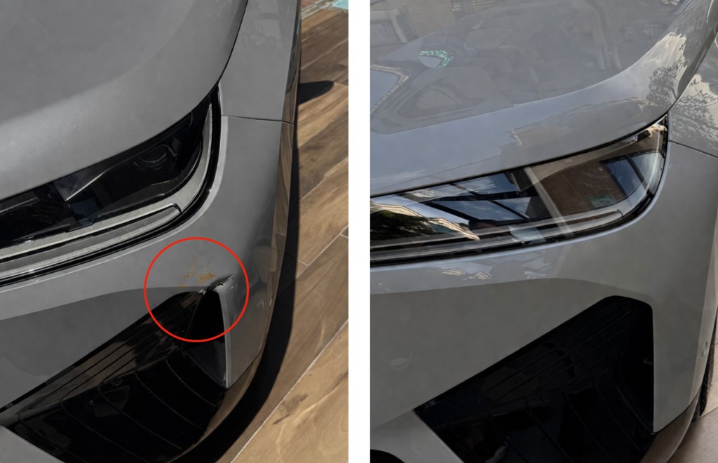 車頭保險桿修復前後對照:左側為受損部位標示,右側為修復完成、漆面與線條恢復一致