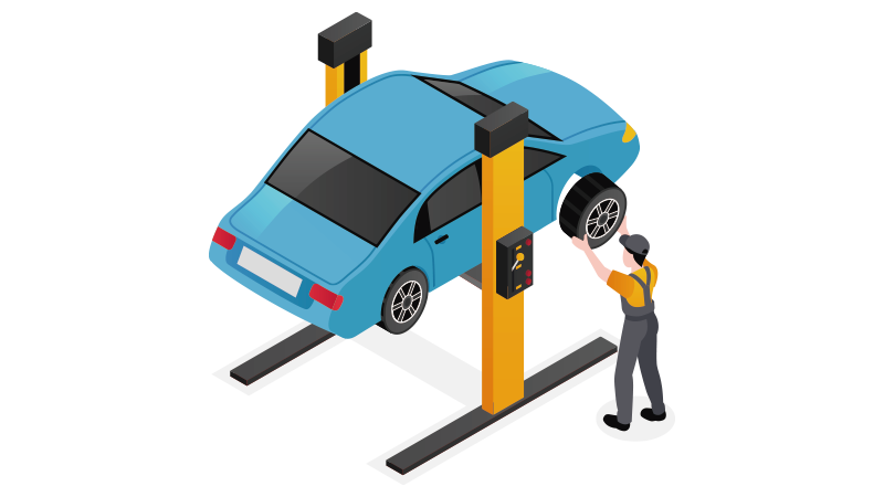 驗車服務：升降機上檢修與輪胎作業示意